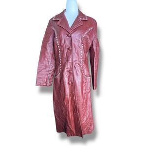 Vintage 70s Burgundy Leather Longline Trench Coat White Whipstitch Western Ranch